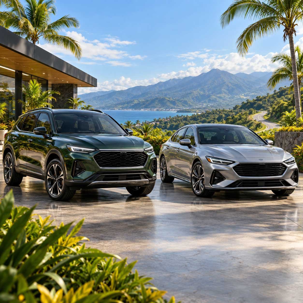 Illustrative cars beside a Jamaican mountain landscape