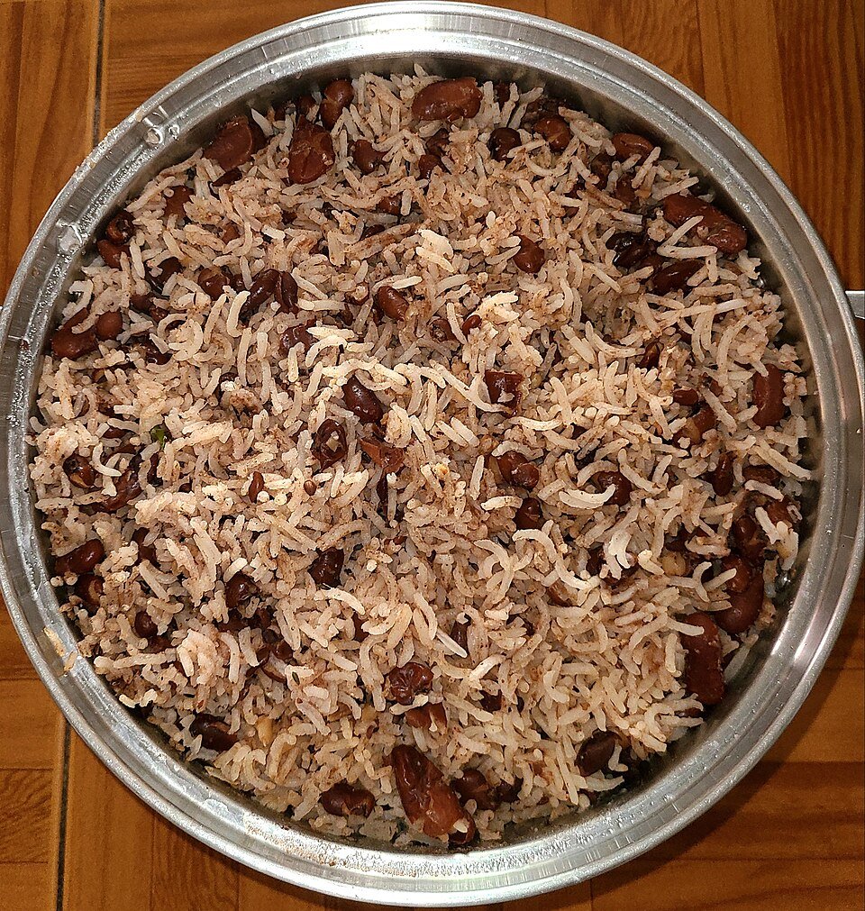 A pot of Jamaican rice and peas with red kidney beans